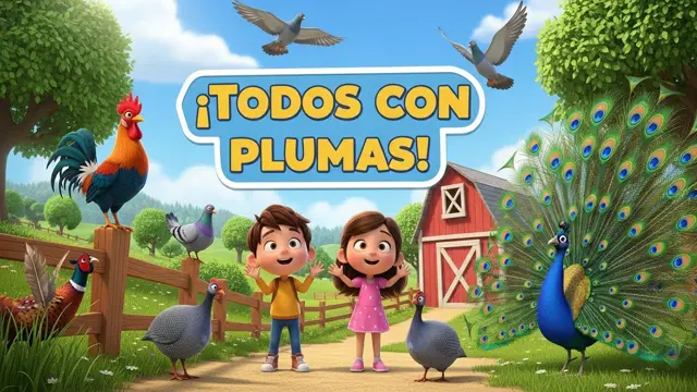 Aves de la Granja con Plumas: Gallo, Pavo Real, Paloma y Pintada